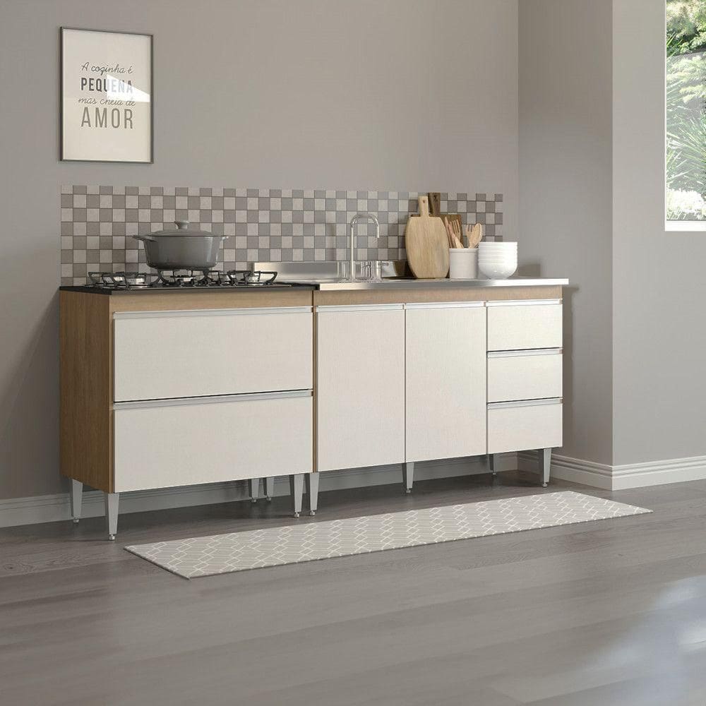 Armário Cozinha Kitnet 200x88cm Balcão Cooktop Menu Móveis Branco