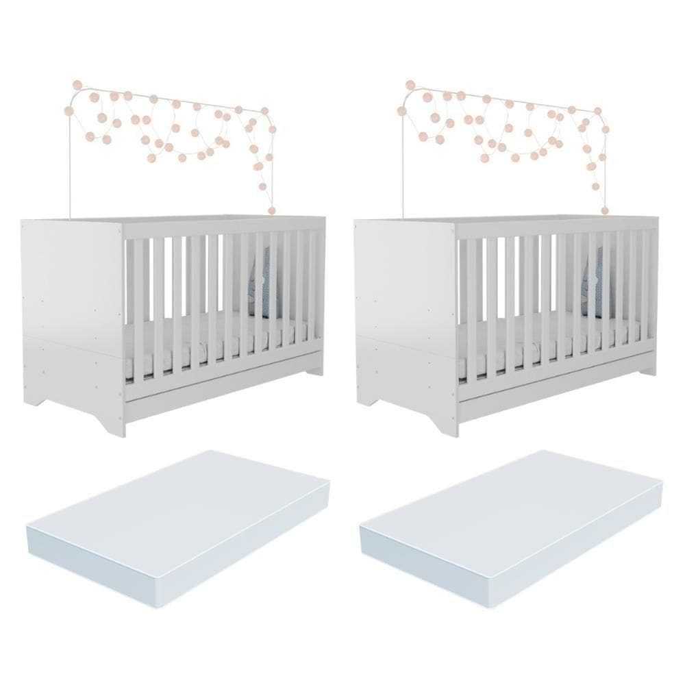 Kit Berço Para Gêmeos 3 Em 1 Com Colchões Inclusos Multimóveis Mp4393 Branco