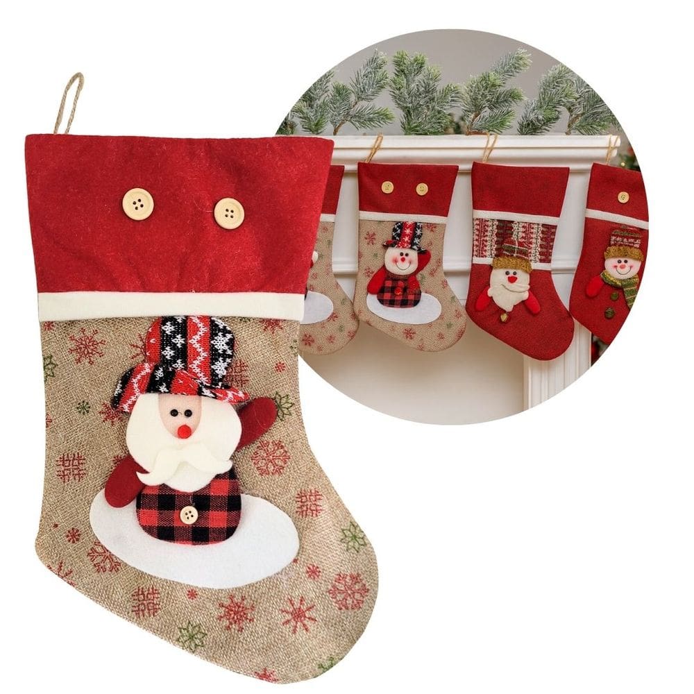 Bota Decorativa Meia Natalina Papai Noel em Tecido Linho Bege com Detalhes Vermelhos e Xadrez 35cm