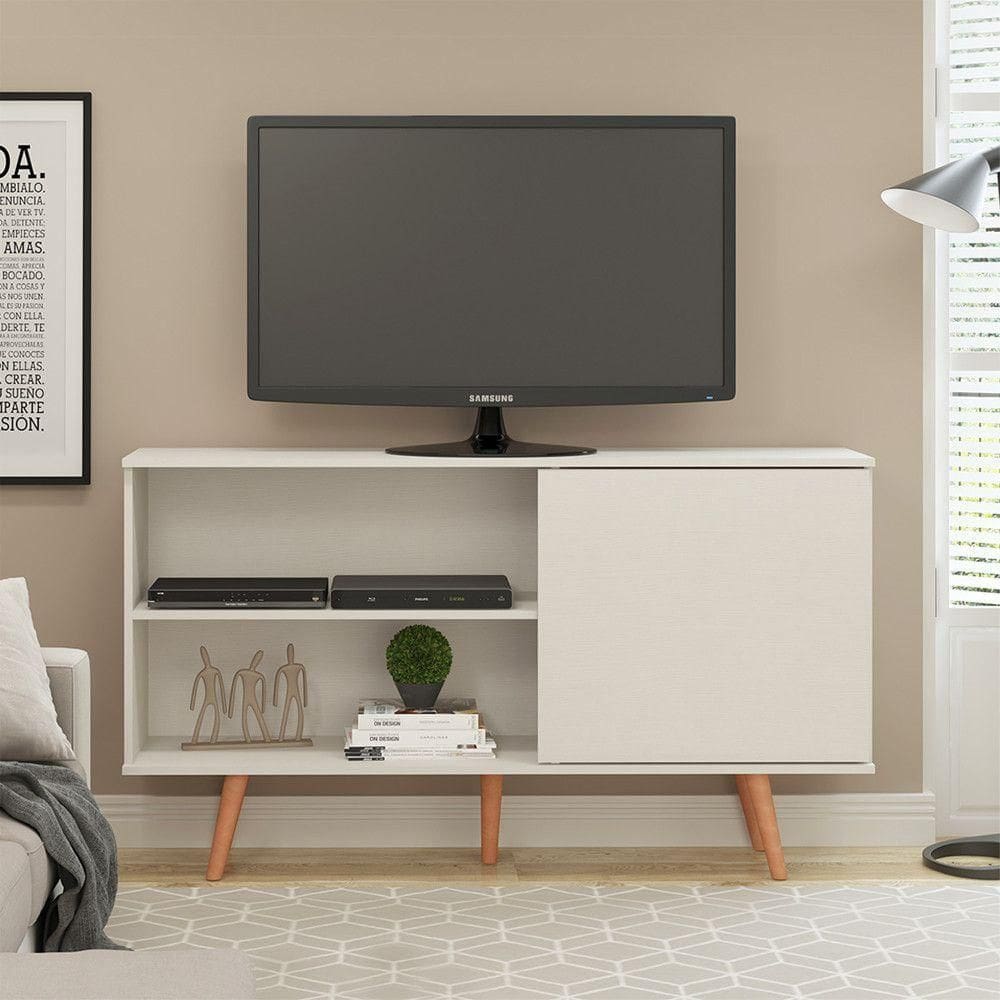 Rack Tv Pádua 50 Polegadas Pés Madeira 136x79cm Menu Móveis Branco