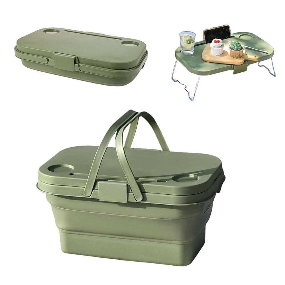 Cesta Piquenique Tampa Vira Mesa Caixa Silicone Dobravel Camping Praia Pesca Cooler Bebidas Frutas Alimentos Alça Transp