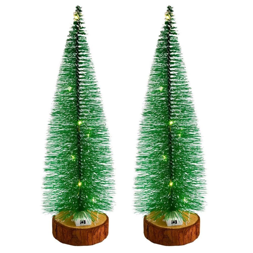 Jogo 2 Árvores Mini Pinheiro Nevado Decorativo 25cm Iluminado LED Sequencial Base Tronco Natural