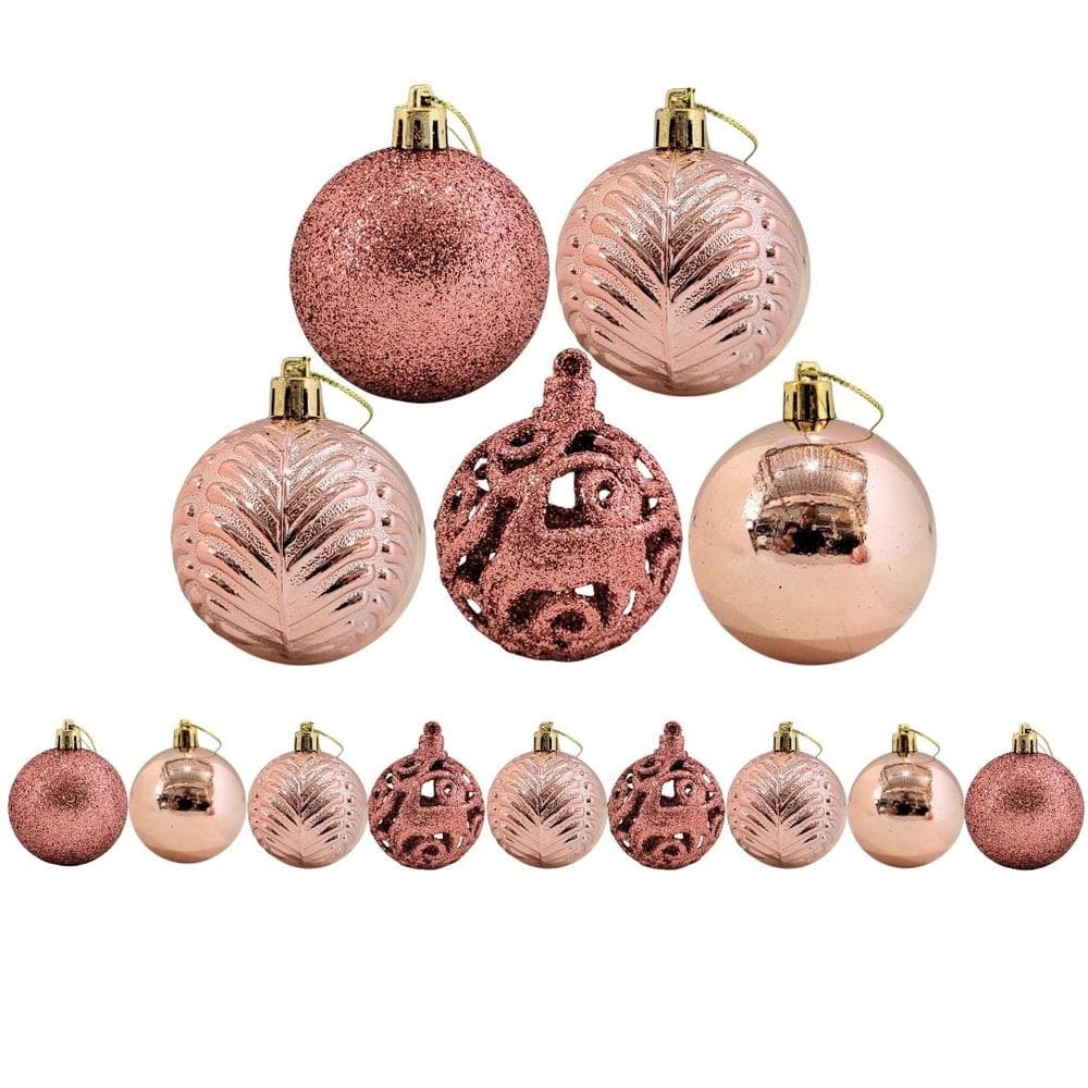 Jogo 9 Bolas Natal Textura Folha Palmeira Rosê Metalizado Luxo e Glitter Vazado 6cm