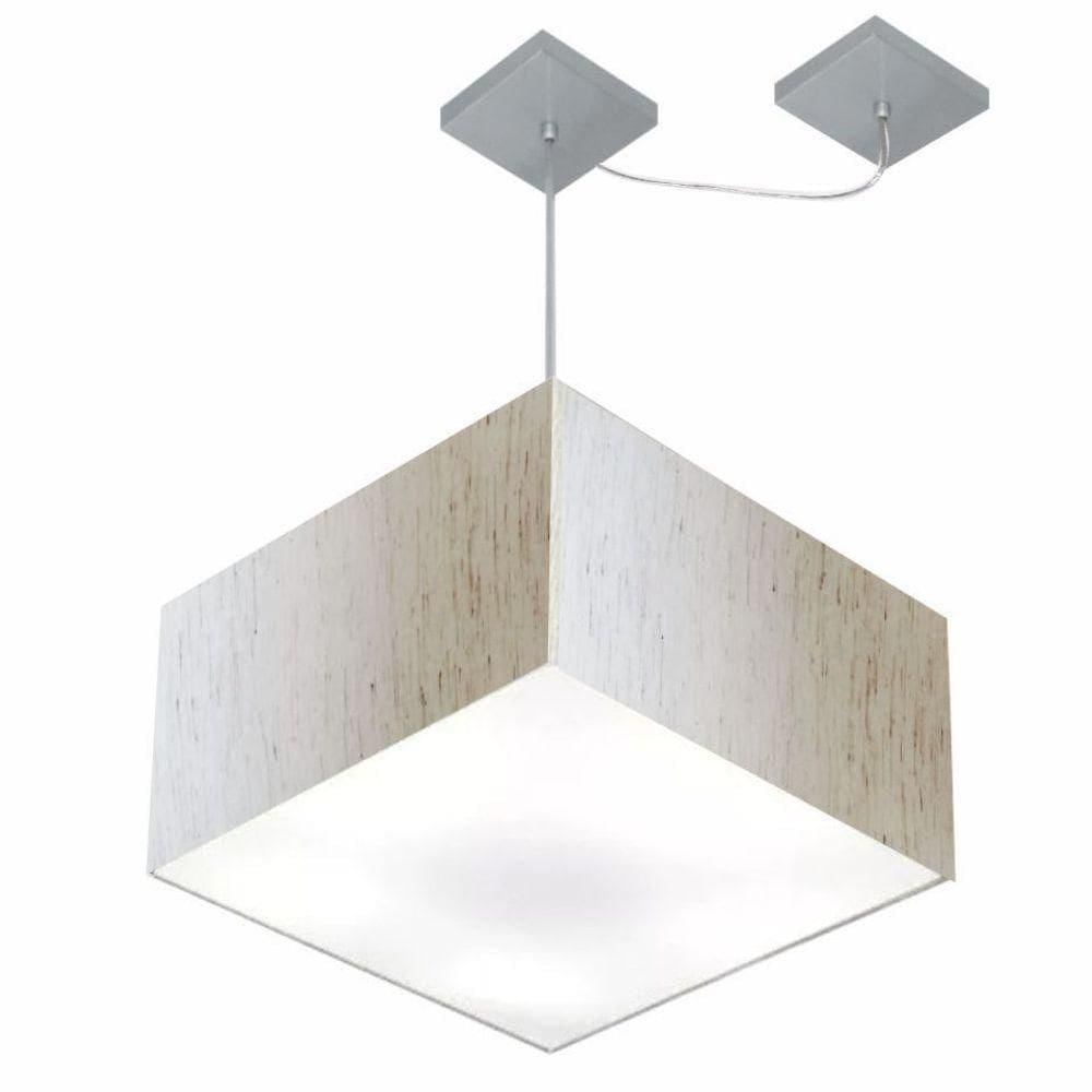 Lustre Pendente Quadrado Com Desvio De Centro Vivare Md-4271 Cúpula Em Tecido 40x40cm - Bivolt Linho Bege 127/220v