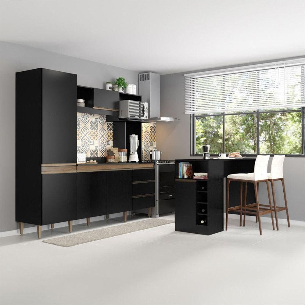 Kit Cozinha Compacta Balcão Tampo Bancada Ilha Menu Móveis Preto