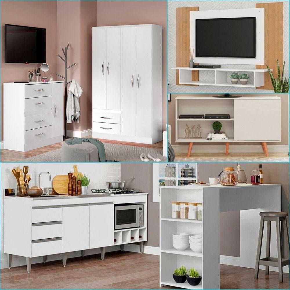 Kit Casa Sala Quarto Cozinha 6 Peças Mdp Menu Móveis Branco