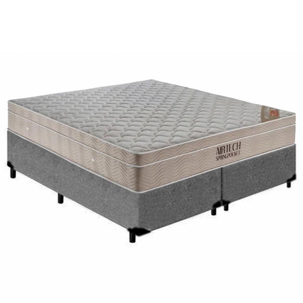 Cama Box Queen Bipartido Suede + Colchão Ortobom Airtech Molas Ensacadas 65x158x198 Cor:cinza