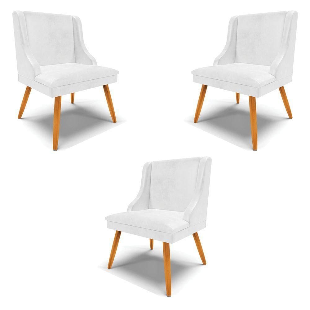 Kit 3 Cadeiras Decorativas Sala De Jantar Pés Palito De Madeira Pu Branco Brilho/natural