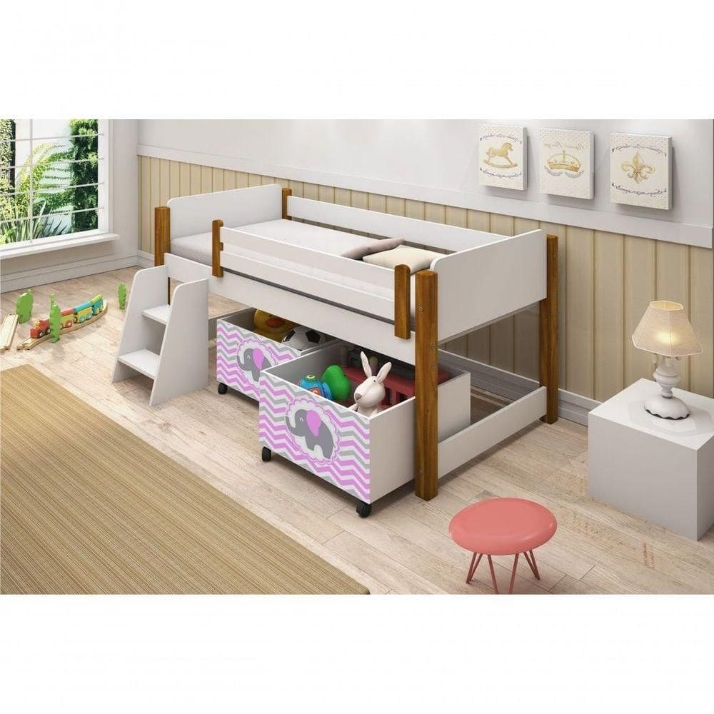 Cama Juvenil Branco Com Mel Com Baú Adesivado Rosa