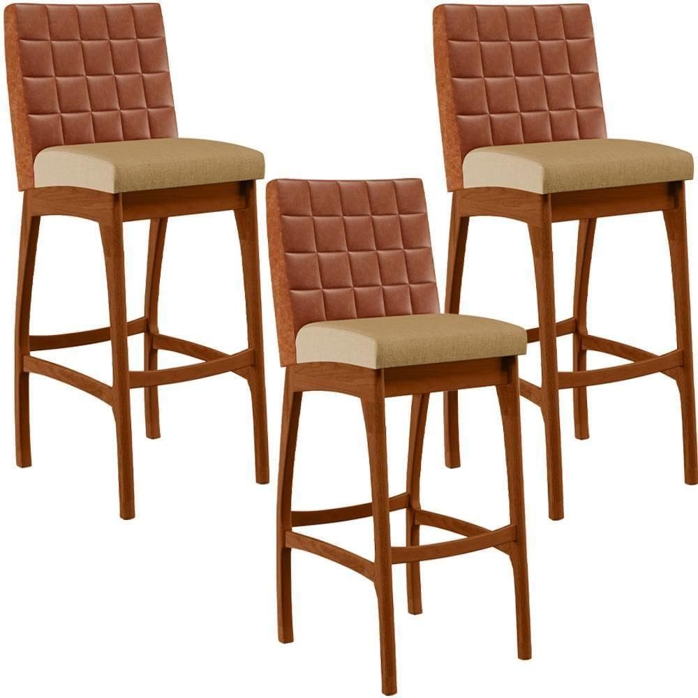 Kit 03 Banquetas Altas Mila Camel Linho Bege Escuro