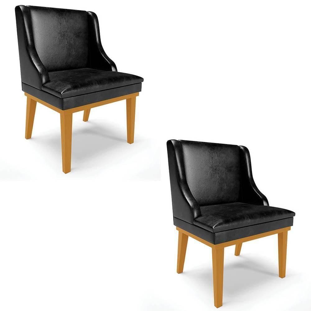 Kit 2 Cadeiras Estofadas Base Fixa De Madeira Castanho Lia Sintético Premium Preto - Ibiza