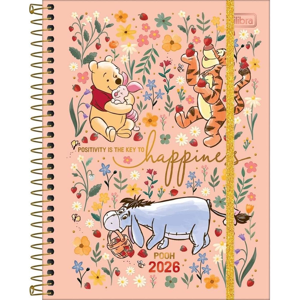 Tilibra - Planner Espiral 17,7 x 24 cm Pooh 2026 - Rosé - Happiness - TILIBRA