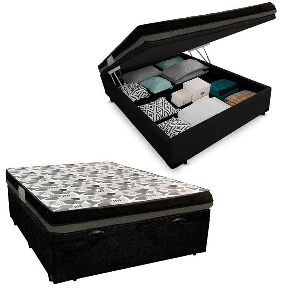 Cama Baú Casal Suede + Colchão Casal Ortobom Iso Dupla Face 60x138x188 preto