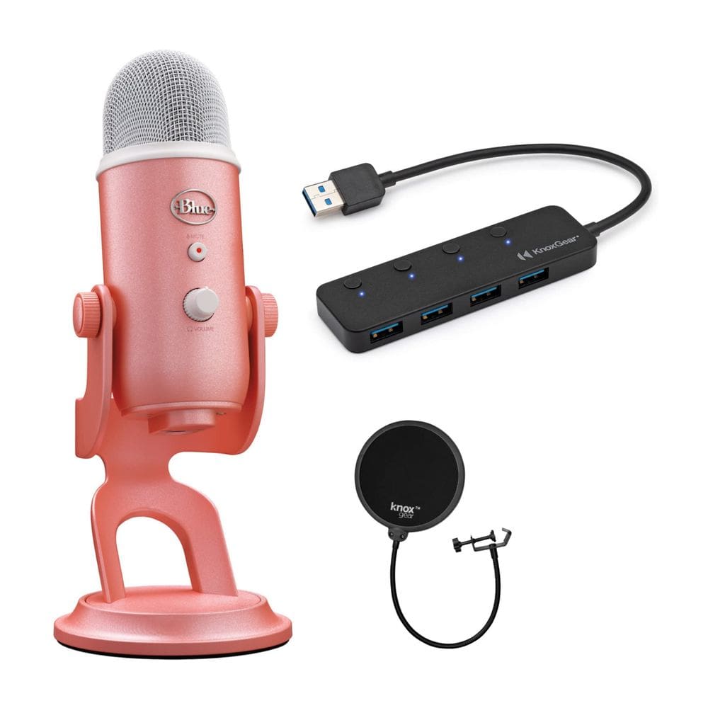 Pacote de microfone USB Yeti Pink Dawn com microfones azuis