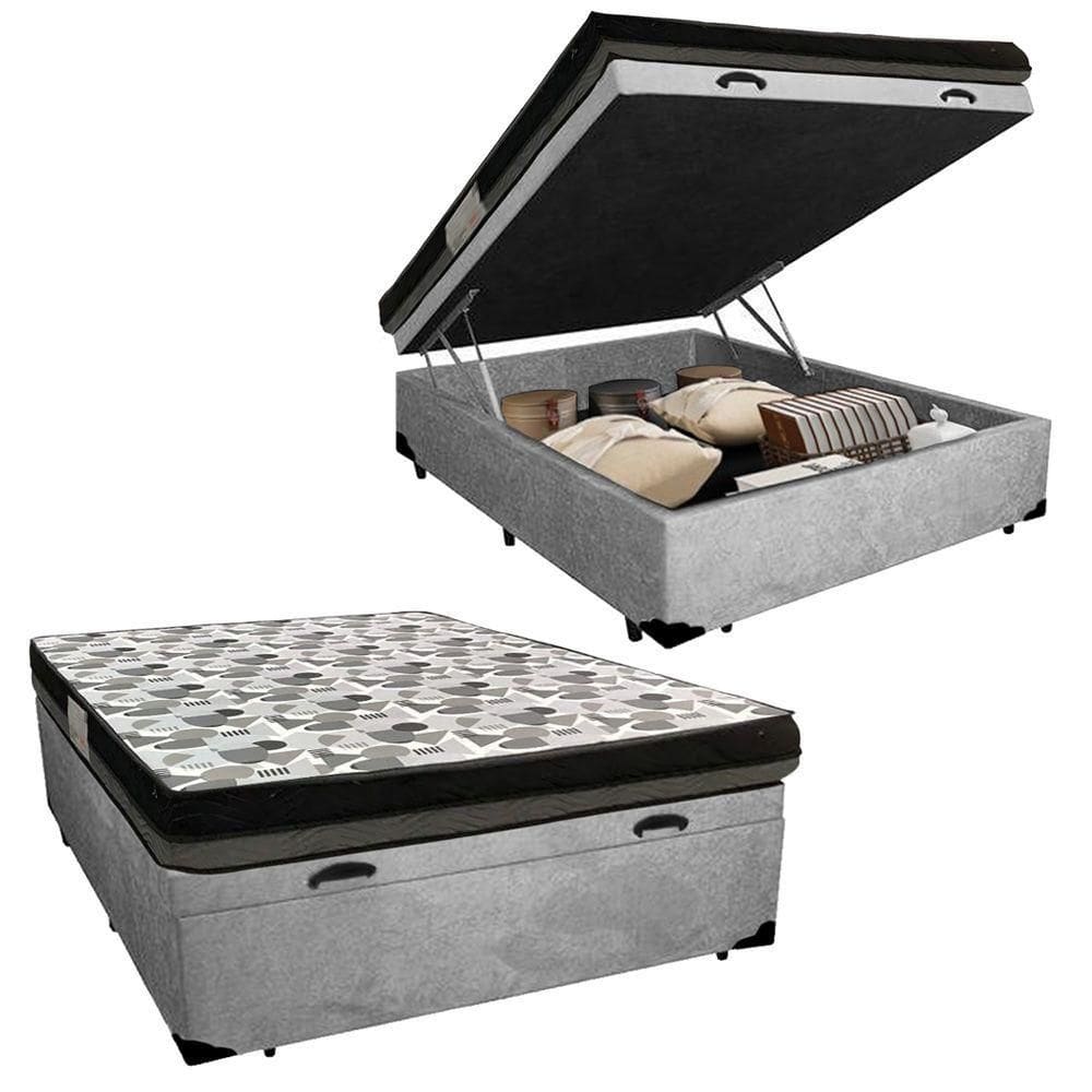 Cama Baú Casal Suede + Colchão Casal Ortobom Iso Dupla Face 60x138x188 cinza
