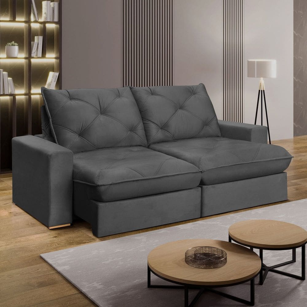 Sofá Retrátil 220cm Pilow 25cm Mônaco Cinza