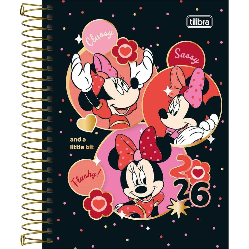 Tilibra - Agenda Espiral Diária 11,7 x 16,4 cm Minnie 2026 - Minnie Fundo Preto - TILIBRA