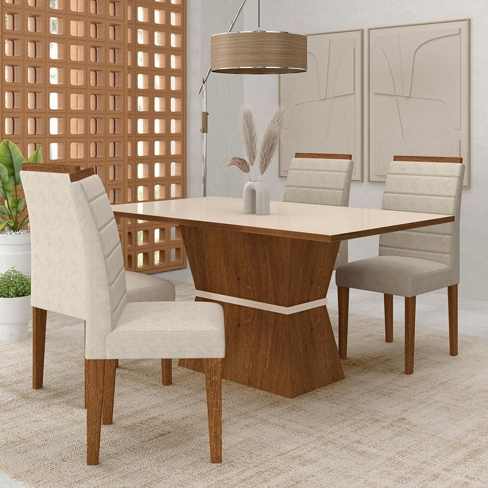 Mesa 1,36 Biella Com 4 Cadeiras Estofadas Freijó/off/sd Bege - M.a