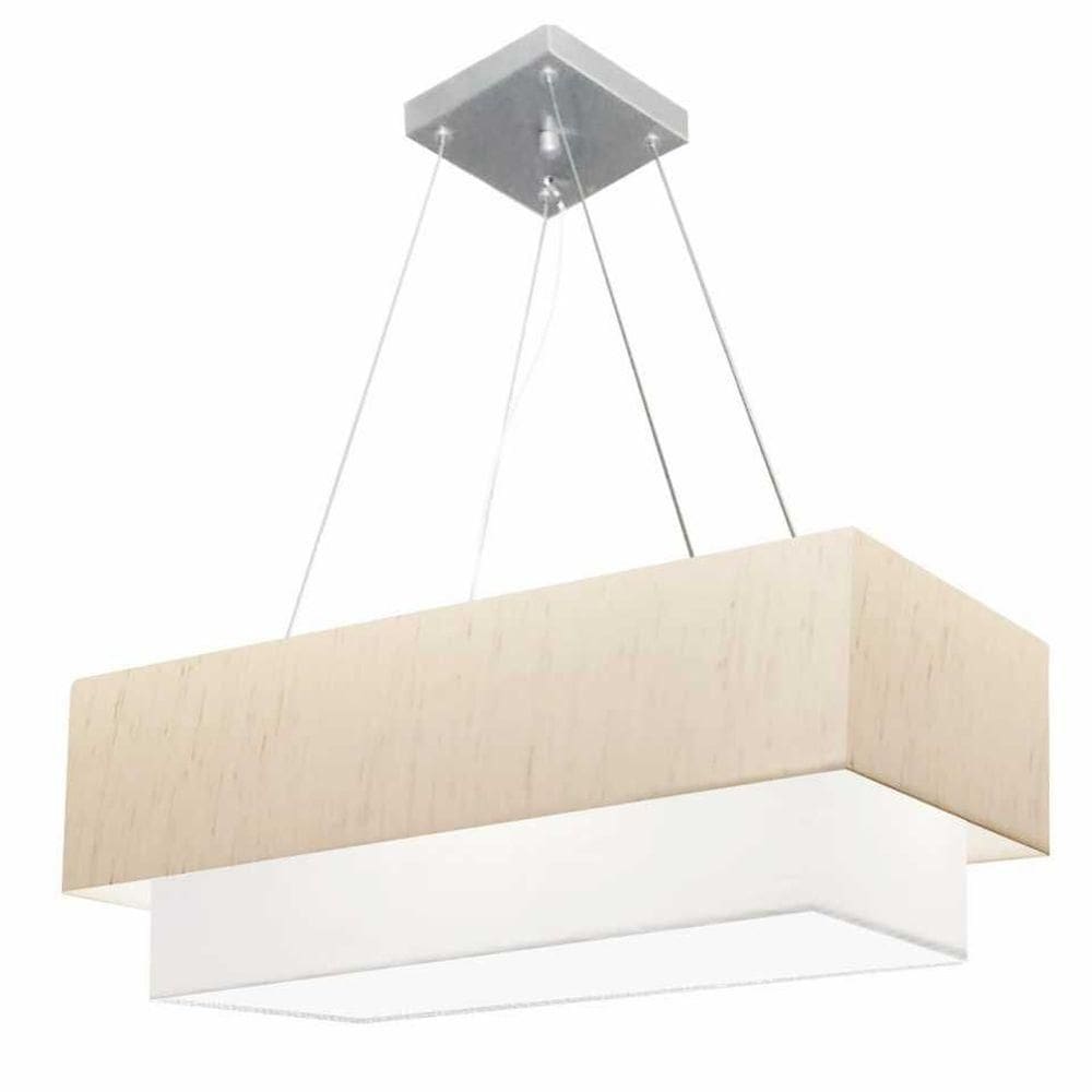 Lustre Pendente Duplo Retangular Vivare Md-4322 Cúpula Em Tecido 99x40cm X 80x30cm - Bivolt Linho-bege-branco 127/220v