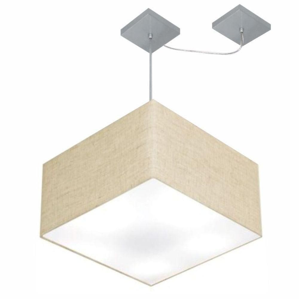 Lustre Pendente Quadrado Com Desvio Md-4270 Cúpula Em Tecido 30/35x35cm Rustico Bege - Bivolt