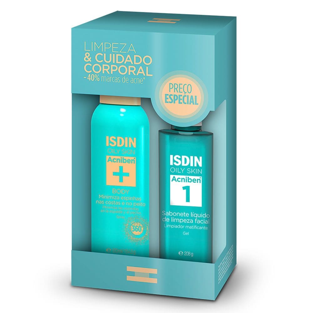 Kit Isdin Oily Skin Acniben Mais Body Spray Corporal Antiacne 150ml Acniben 1 Sabonete Líquido de Limpeza Facial 208g