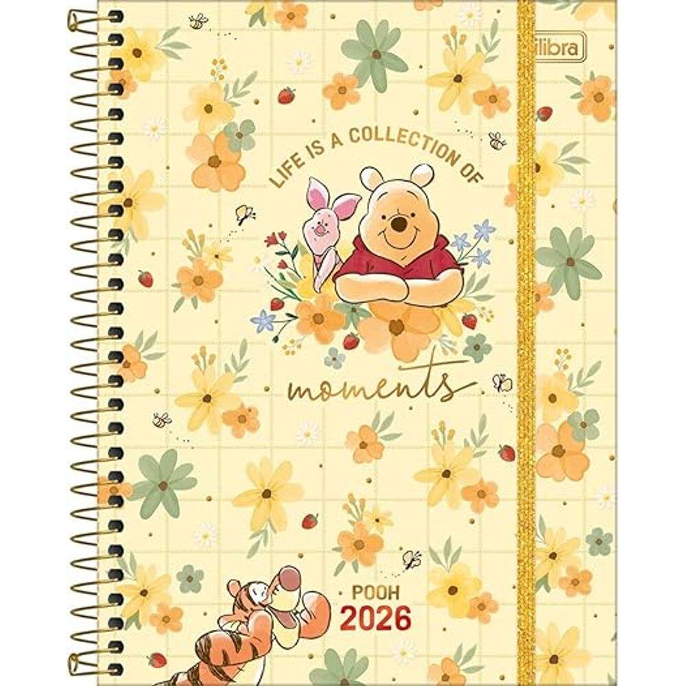 Tilibra - Planner Espiral 17,7 x 24 cm Pooh 2026 - Amarela com Flores - Moments