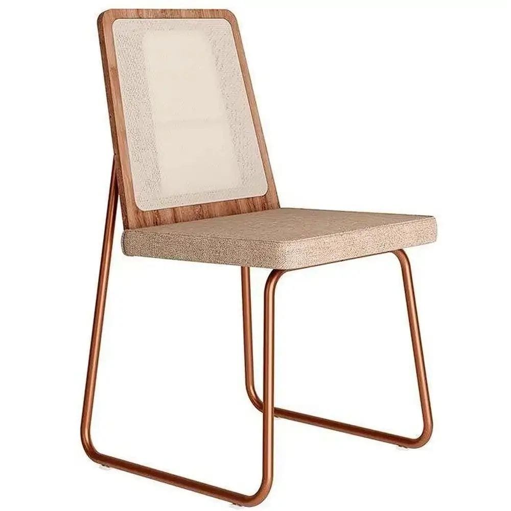 Cadeira Wood 1751 em Aço e MDF Tecido Linho Carraro Cor Rose Cobre Freijo com Tecido Areia