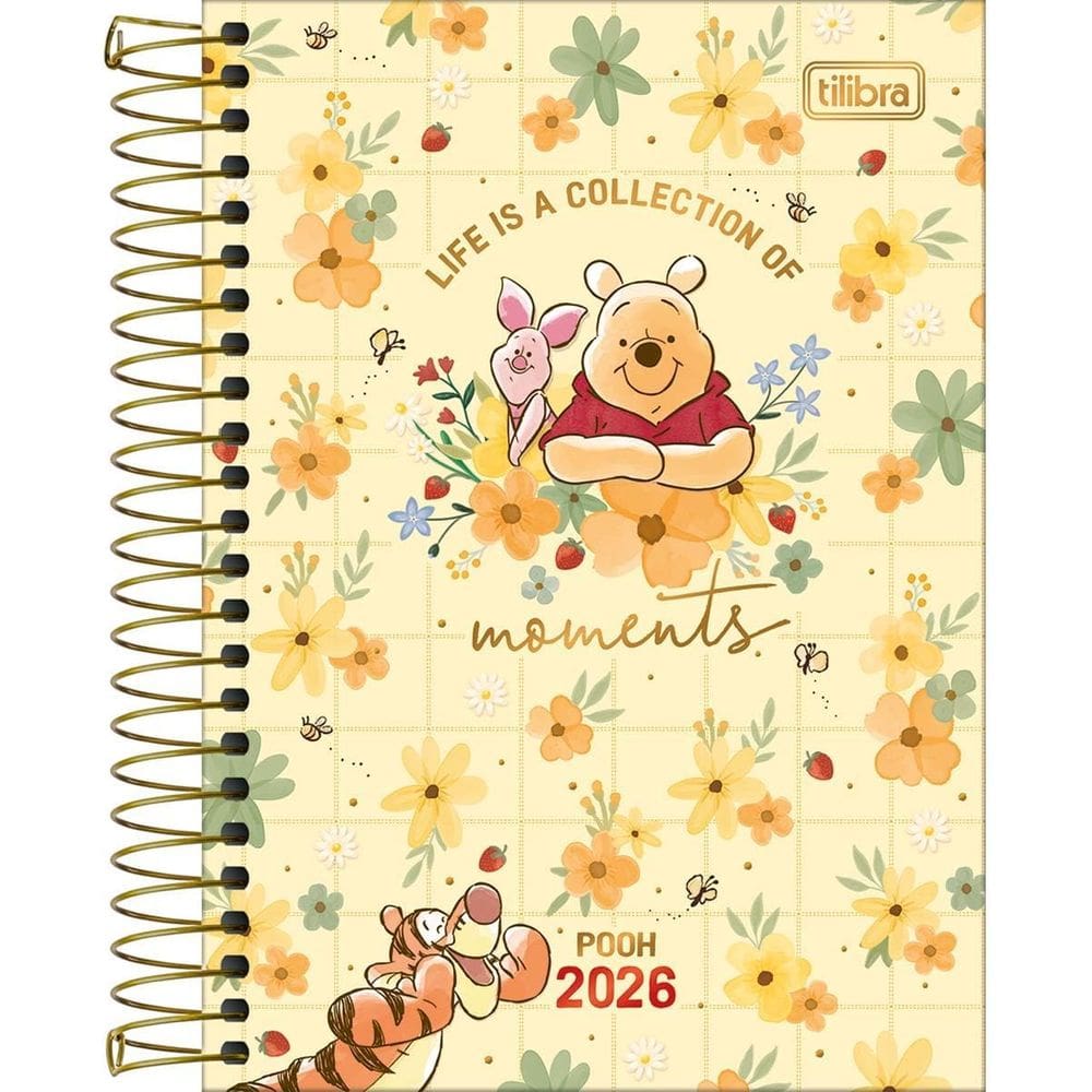 Tilibra - Agenda Espiral Diária 12,9 x 18,7 cm Pooh 2026 - Amarela com Flores - Moments - TILIBRA