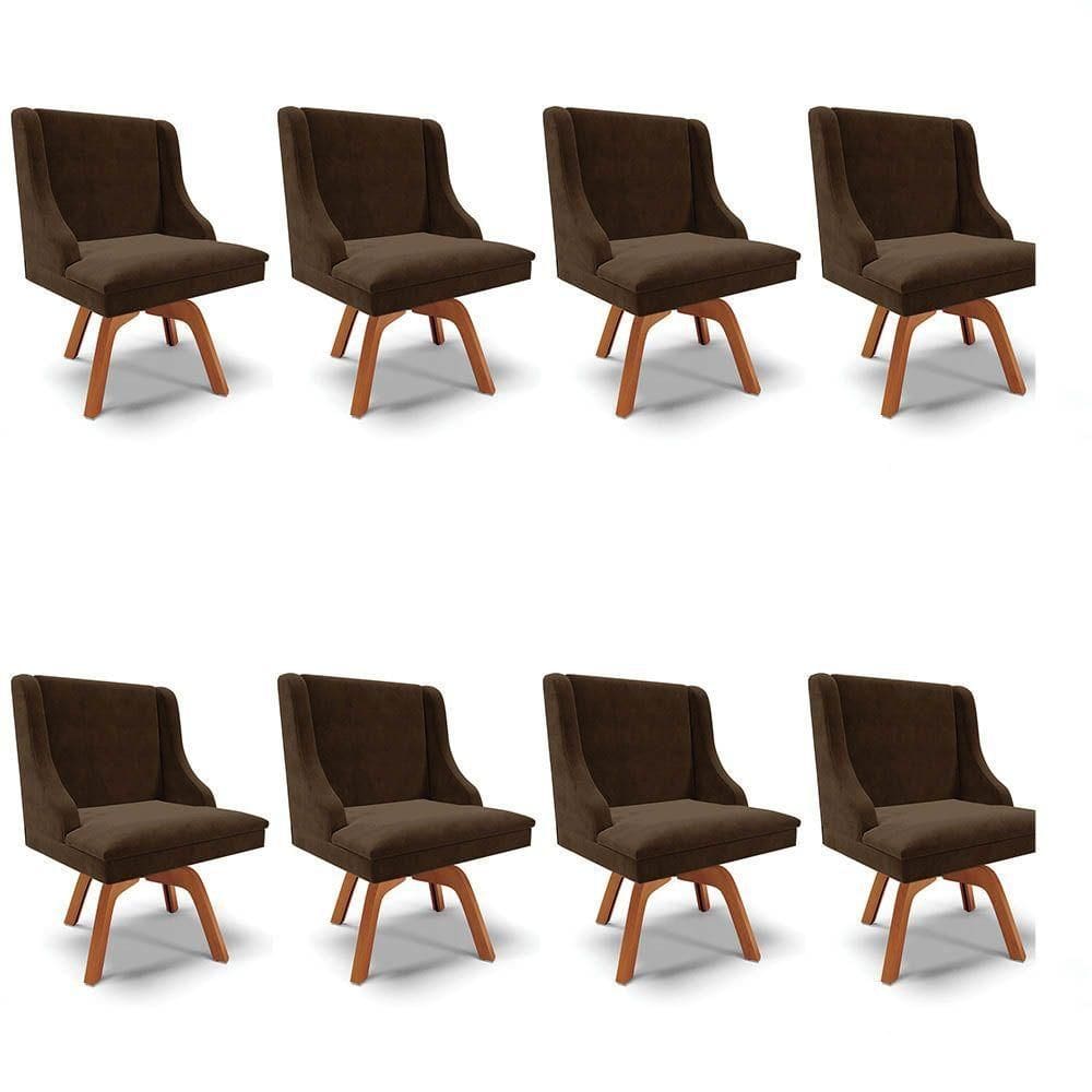 Kit 8 Cadeiras Estofadas Base Giratória De Madeira Lia Suede Marrom - Ibiza