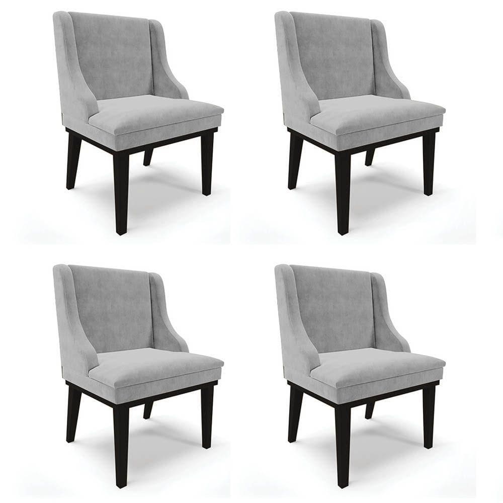 Kit 4 Cadeiras Estofadas Para Sala De Jantar Base Fixa De Madeira Preto Lia Suede Cinza - Ibiza