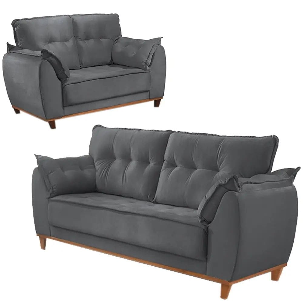 Conjunto de Sofá Espanha com 2 e 3 Lugares Tecido Veludo JC Estofados Cor Cinza