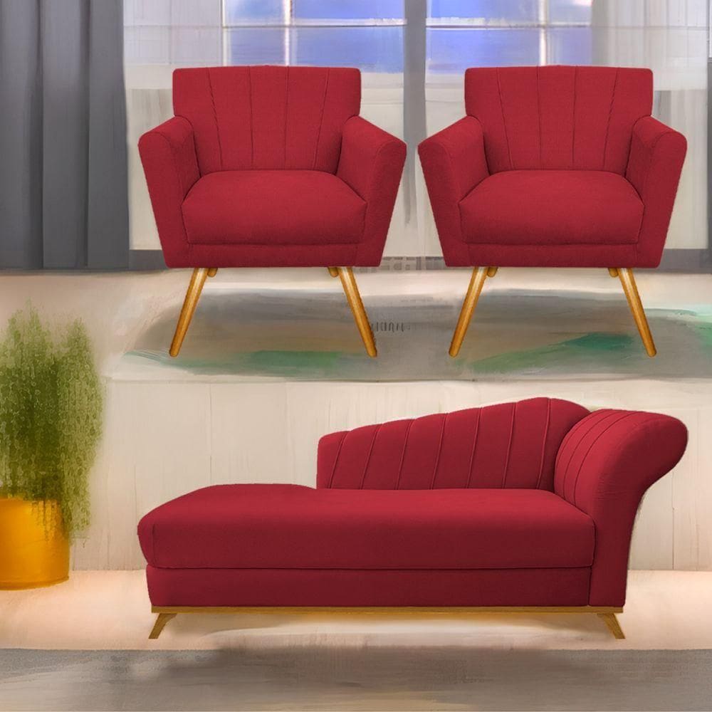 Kit Diva Recamier Vanessa 160Cm Lado Esquerdo E 02 Poltronas Laura Suede Cor Vermelho