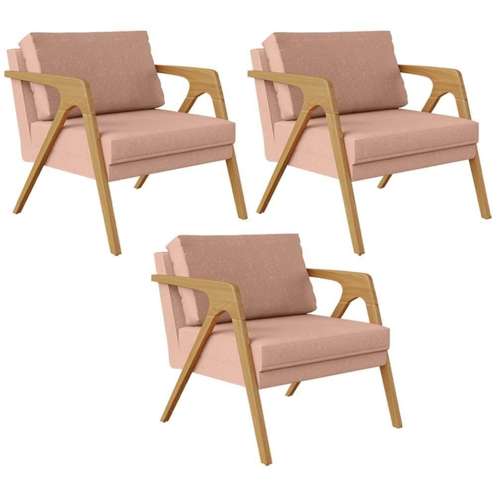 Kit 03 Poltronas Pietra Estrutura De Madeira L02 Linho Rosê