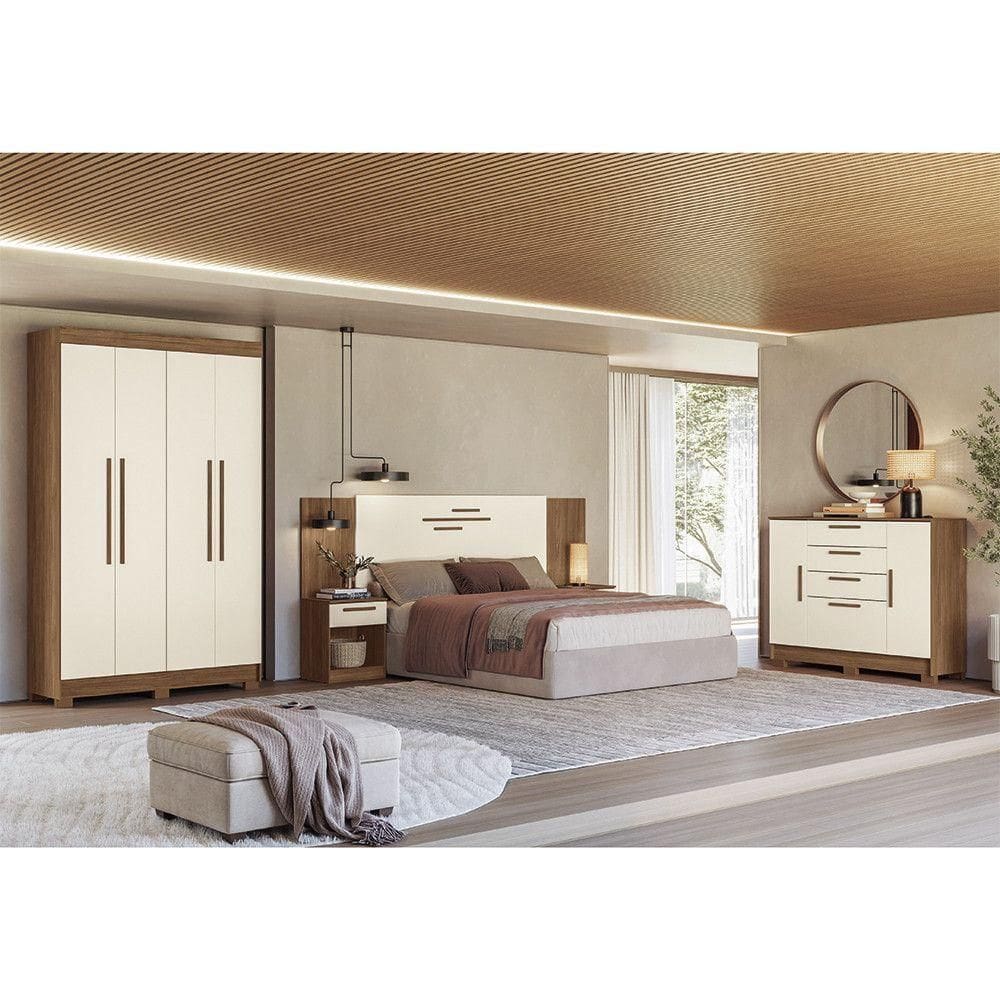 Quarto Com Guarda-roupas Cômoda E Cabeceira Homero Estilo Mm Jatoba-areia