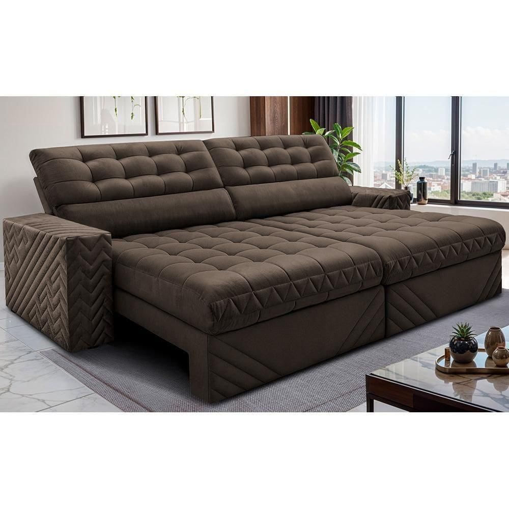 Sofá Retrátil E Reclinável 3,00m Molas Ensacadas Max Spring. Velusoft Cama Inbox Café
