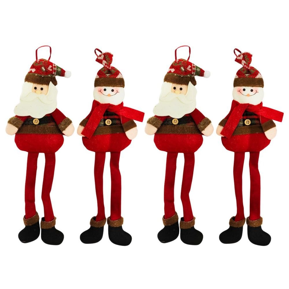 Kit Papai Noel e Boneco de Neve Pendente 30cm Pelúcia Perna Mole Xadrez 4 Peças
