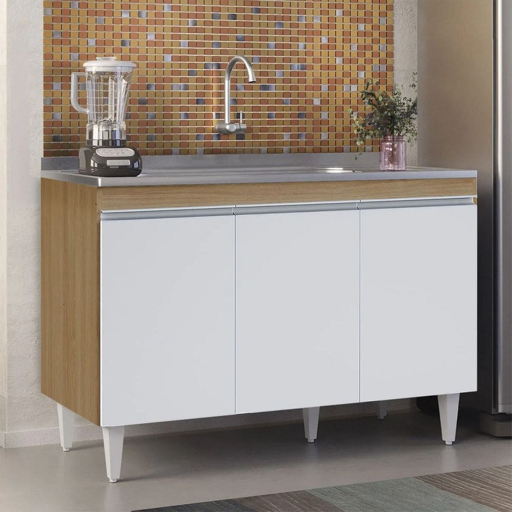 Balcão de Cozinha Manu 120cm S/ Tampo Cor Amêndoa/Branco - AJL Móveis