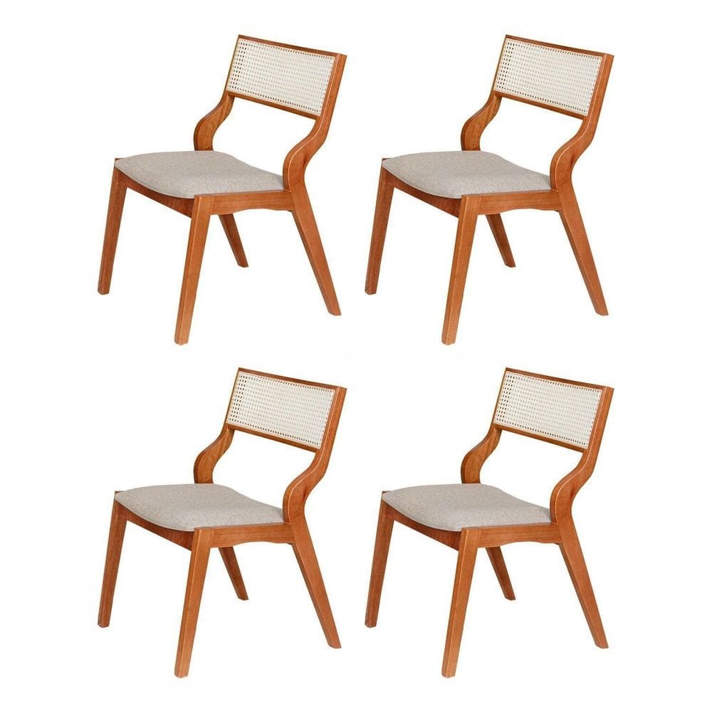 Kit 4 Cadeiras de Madeira Maciça Estofada e Rattan 100% Natural Luna Espresso Móveis Champagnhe/Cinza Claro