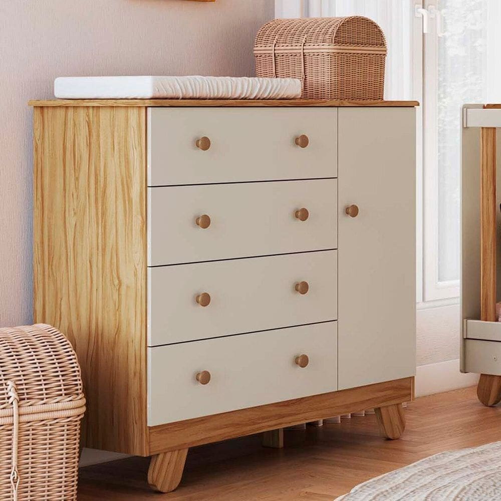 Cômoda Infantil 1 Porta 4 Gavetas 100% Mdf 95cm Levy Espresso Móveis Amêndoa/Off-White