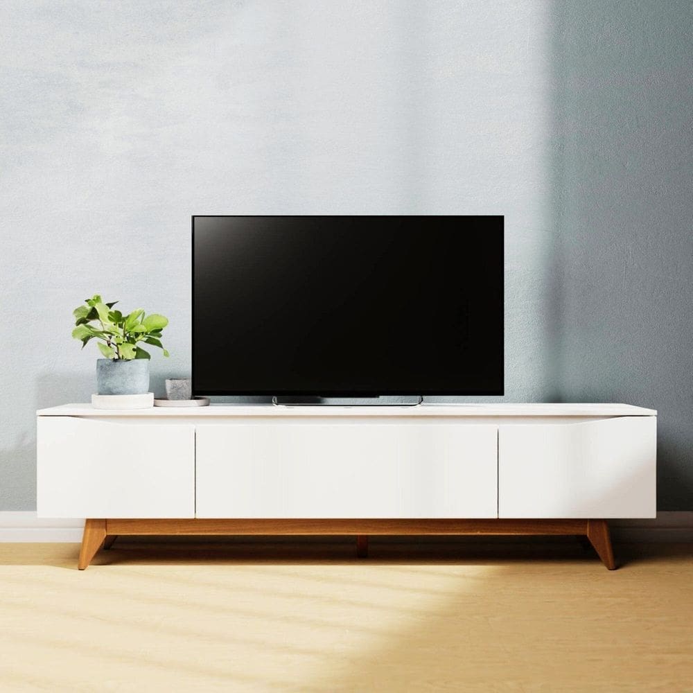 Rack para Tv 75 Polegadas Pés em Madeira Maciça 219,5cm Flynt Branco Fosco / Natural