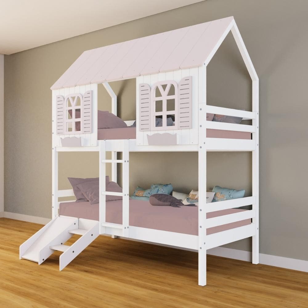 Beliche Casinha Bela Kit Escada/Escorregador - Madeira Maciça Branco/Rosa | Housin
