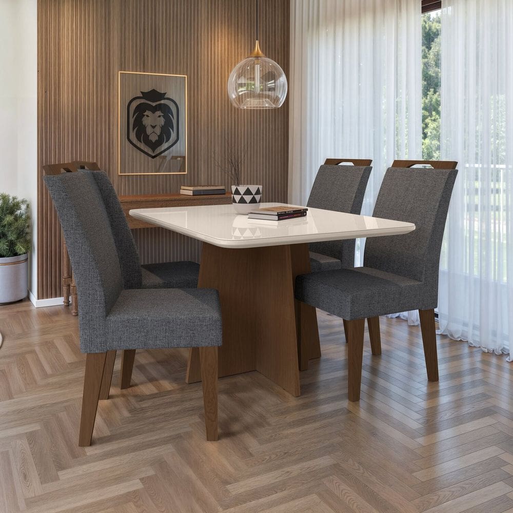 Conjunto 120x77cm Tampo Mdf e Vidro com 4 Cadeiras Evora Freijó/Cinza/Off White
