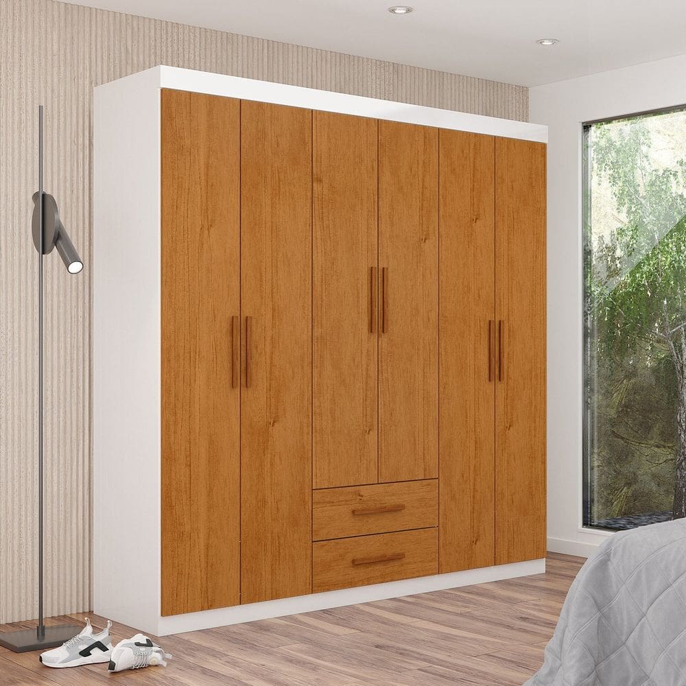 Guarda-roupa 6 Portas 2 Gavetas Aurora Branco/Cinamomo