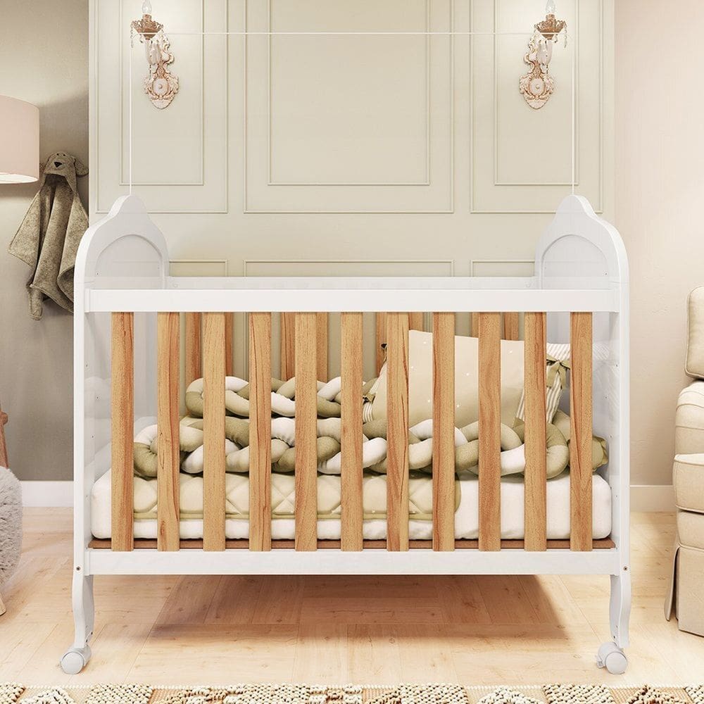 Berço Minicama 3 em 1 com Capitonê 100% Mdf Maya Espresso Móveis Branco Brilho/Amêndoa