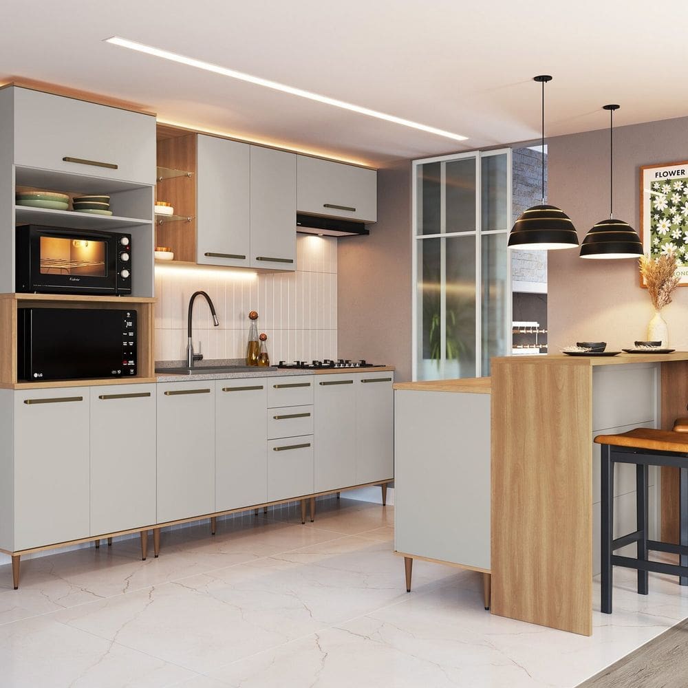 Cozinha Modulada Completa 8 Peças com Cristaleira 15 Portas 2 Gavetas com Bancada Isabelle Freijó / Arenas