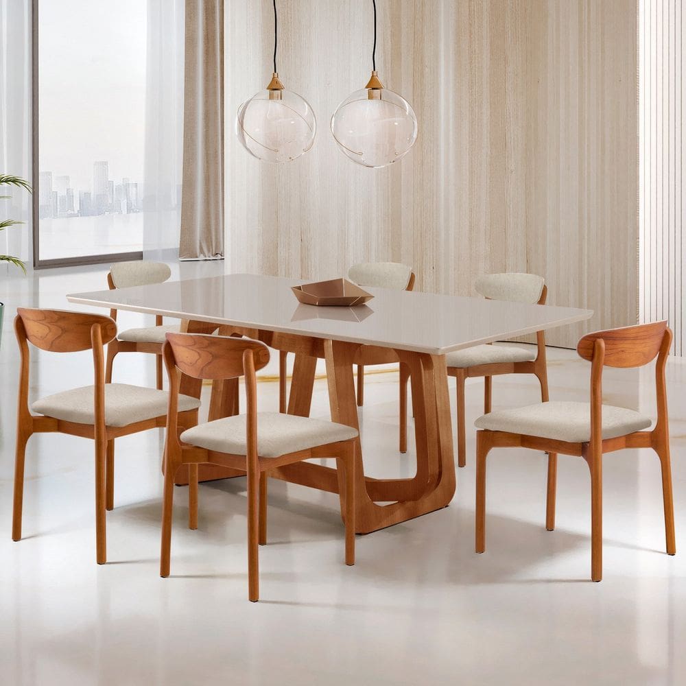 Conjunto Sala de Jantar Mesa Madeira Maciça Genova 6 Cadeiras Monaco Cinamomo Imbuia/ Off White