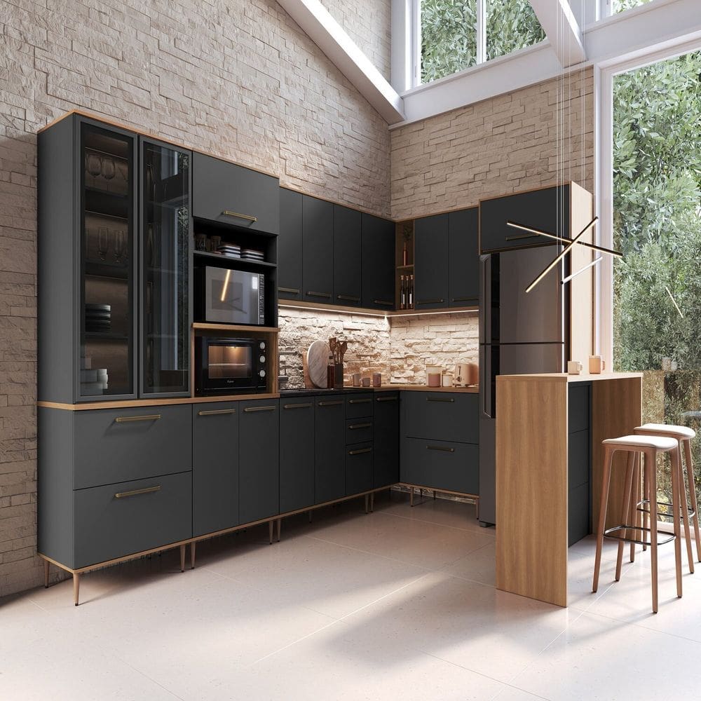 Cozinha Modulada Completa 11 Peças com Cristaleira 16 Portas 6 Gavetas Isabelle Freijó / Arenas