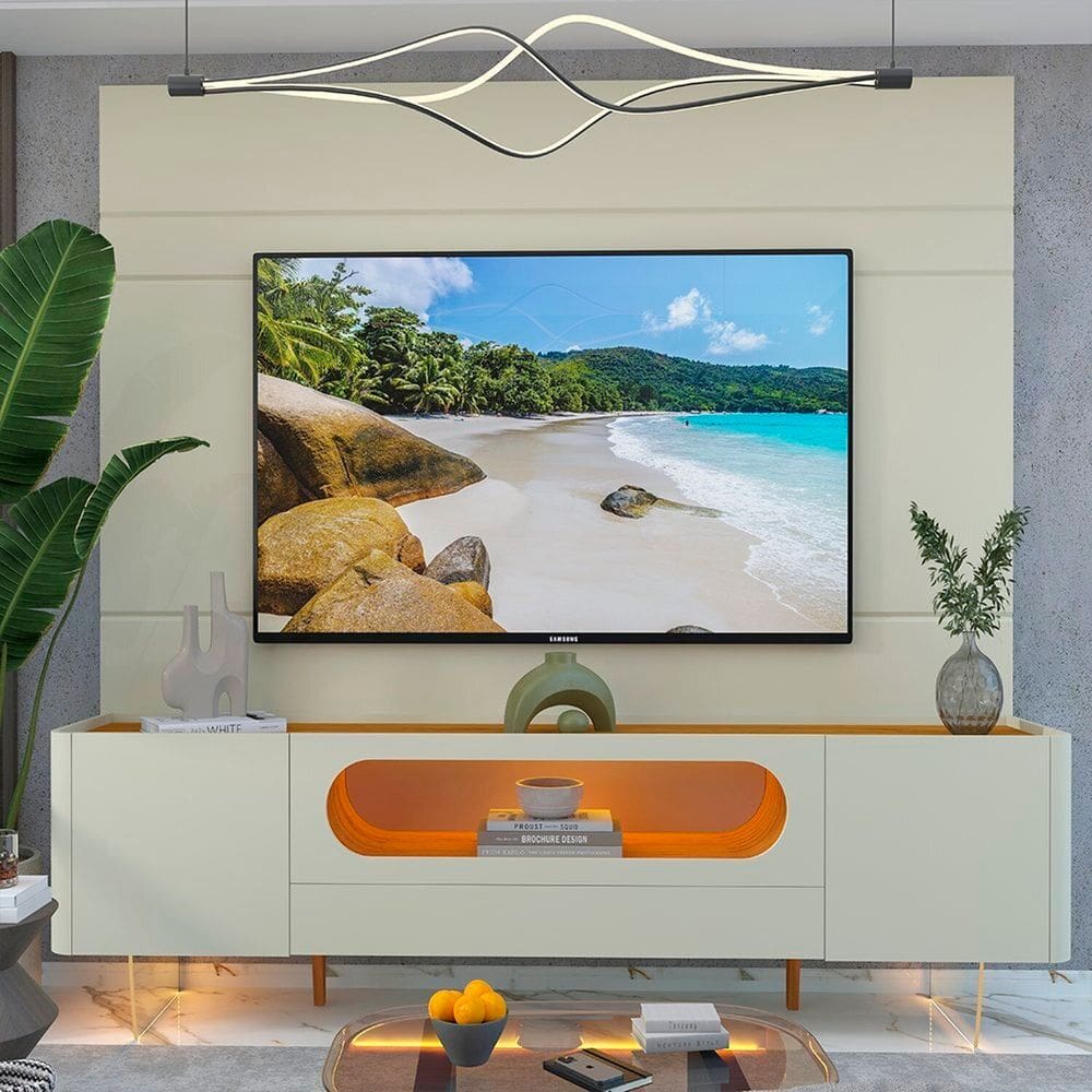 Rack com Painel para Tv 84 Polegadas com Led 1 Gaveta 2 Portas 217cm 100% Mdf Luminare/nobre Off White/Naturale