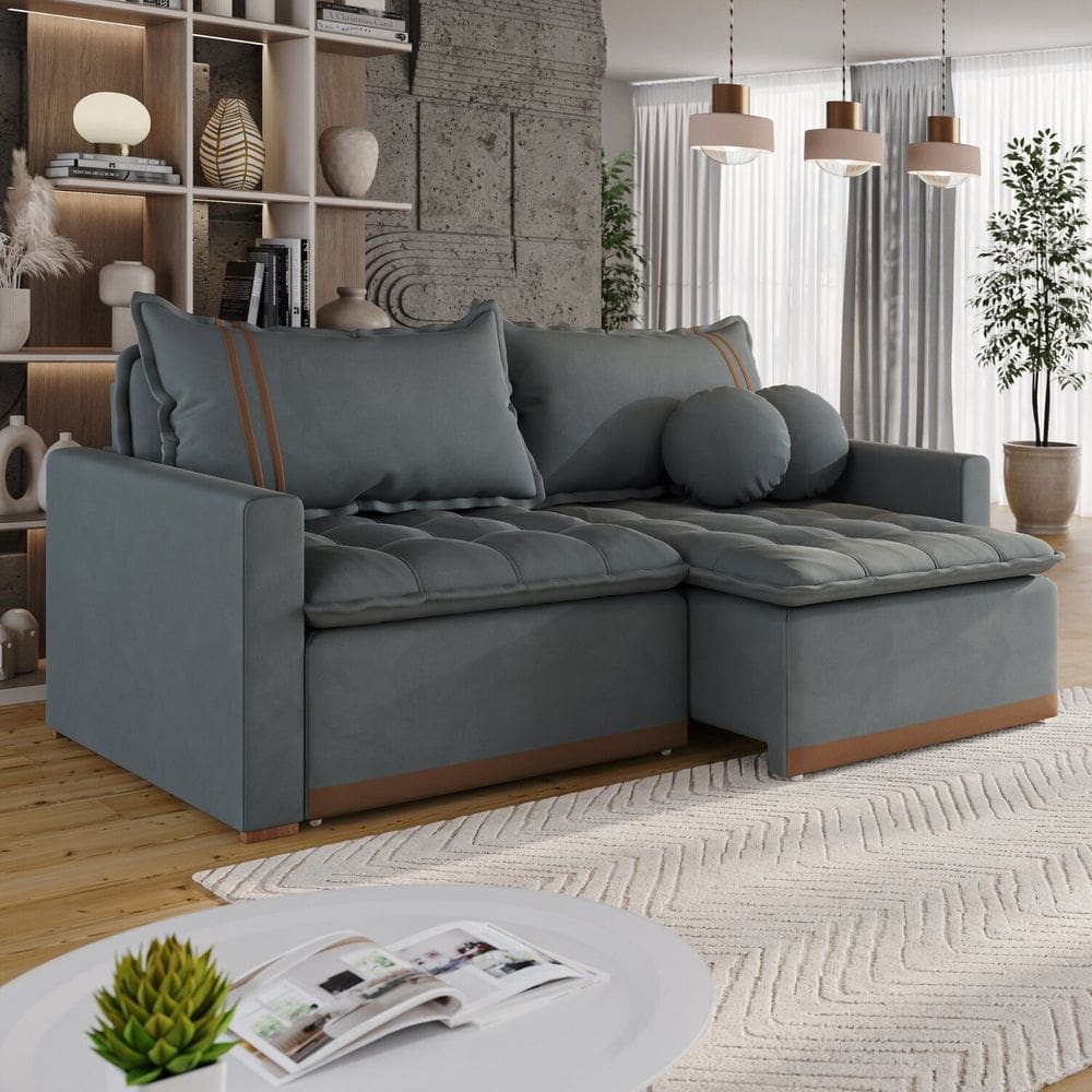 Sofá Cama em Madeira Eucalipto e Veludo 220cm Flórida Cinza