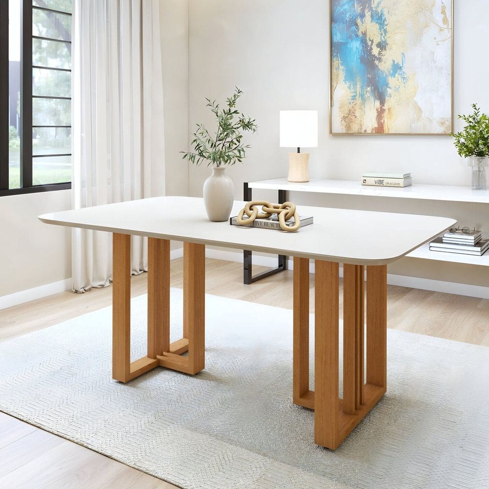 Mesa de Jantar 170cm Tampo Mdf Bold Tessera Amêndoa Clean/Off White